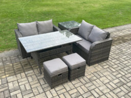 Fimous Garden Patio Furniture Wicker Rattan Oblong Rectangular Dining Table And Loveseat Sofa Set With Side Table - thumbnail 1
