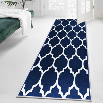 Oxford Homeware Printed Rug, Non-Slip Pets Friendly, Living Room Rugs And Hallways Runner, (Ava Navy, 80X300Cm)