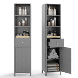 Gainoom 170Cm Tall Bathroom Grey Cabinet Narrow Floor Cabinet W/ Fluted Door