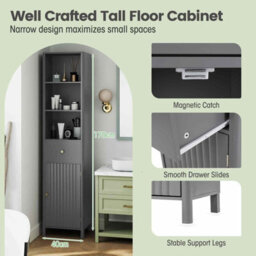 Gainoom 170Cm Tall Bathroom Grey Cabinet Narrow Floor Cabinet W/ Fluted Door - thumbnail 8