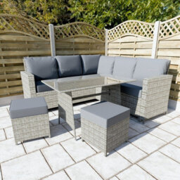 6-8 Seat Outdoor Rattan Corner Dining Set With L-Shaped Sofa, Ottomans And Table - 80mm Thick Cushions Included