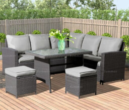 6-8 Seat Outdoor Rattan Corner Dining Set With L-Shaped Sofa, Ottomans And Table - 80mm Thick Cushions Included - thumbnail 3