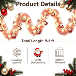 Amorly 2 Pcs 18.7 Ft Christmas Tinsel Garland With 40 Led Lights,pink Hanging Garland With Santa Claus & Snowflakes, For Christmas, Party - thumbnail 7
