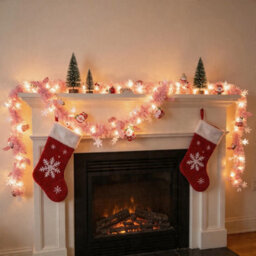 Amorly 2 Pcs 18.7 Ft Christmas Tinsel Garland With 40 Led Lights,pink Hanging Garland With Santa Claus & Snowflakes, For Christmas, Party - thumbnail 4
