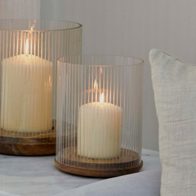 Ivyline Amelia Ribbed Glass Wooden Candle Holder H19.5Cm D16Cm - image 1