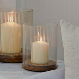 Ivyline Amelia Ribbed Glass Wooden Candle Holder H19.5Cm D16Cm - thumbnail 1