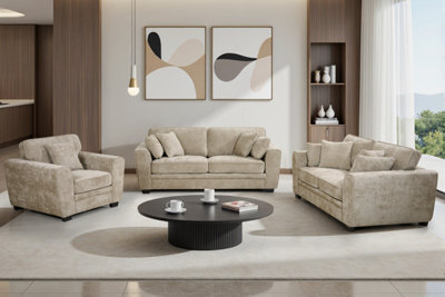 Beige Chenille Fabric 3 + 2 + 1 Seater Sofa And Armchair Set For Living Room Bertie - image 1