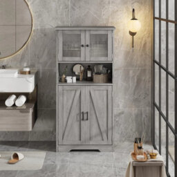 Grey Freestanding Storage Cabinet Bathroom Closet Shelves 4 Doors - thumbnail 2