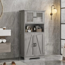 Grey Freestanding Storage Cabinet Bathroom Closet Shelves 4 Doors - thumbnail 3