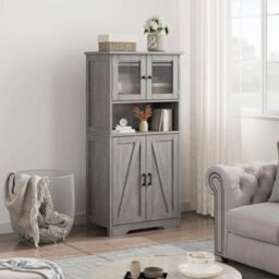Grey Freestanding Storage Cabinet Bathroom Closet Shelves 4 Doors - thumbnail 4