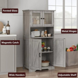 Grey Freestanding Storage Cabinet Bathroom Closet Shelves 4 Doors - thumbnail 5
