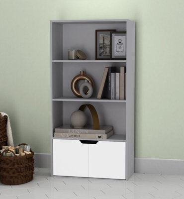 Urbn-Living Urbnliving Height 118Cm 4 Tier Wooden Bookcase Cupboard With Doors Storage Shelving Display Colour Grey Door White Cabinet Unit - image 1