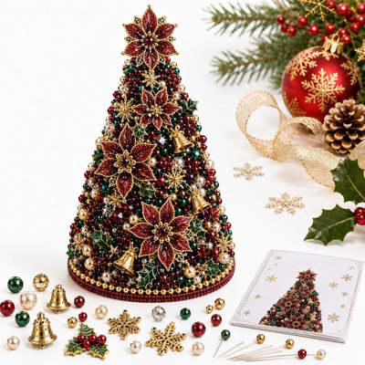 Amorly Beaded Christmas Tree Kit, Red Flower 3D Pearl Beaded Christmas Tree, Handmade Tabletop Decoration For Festive Surprise & Gift - image 1
