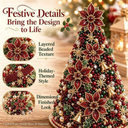 Amorly Beaded Christmas Tree Kit, Red Flower 3D Pearl Beaded Christmas Tree, Handmade Tabletop Decoration For Festive Surprise & Gift - thumbnail 4