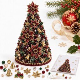 Amorly Beaded Christmas Tree Kit, Red Flower 3D Pearl Beaded Christmas Tree, Handmade Tabletop Decoration For Festive Surprise & Gift - thumbnail 2
