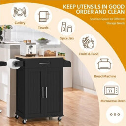 Kitchen Island Cart With Spice Rack Storage Rolling Kitchen Cart Black - thumbnail 4