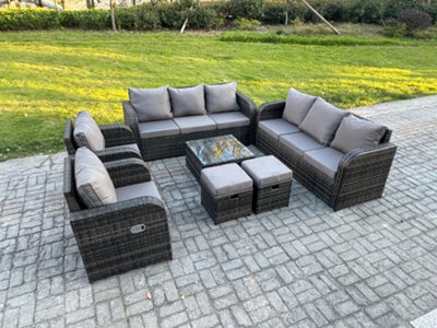 Fimous High Back Rattan Garden Furniture Set With Square Coffee Table 2 Small Footstools Patio Lounge Sofa Set Dark Grey Mixed - image 1