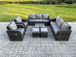 Fimous High Back Rattan Garden Furniture Set With Square Coffee Table 2 Small Footstools Patio Lounge Sofa Set Dark Grey Mixed - thumbnail 2