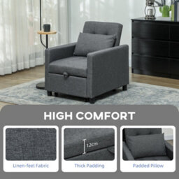 Homcom Convertible Single Chair Bed With Upholstered Fabric, Dark Grey - thumbnail 5