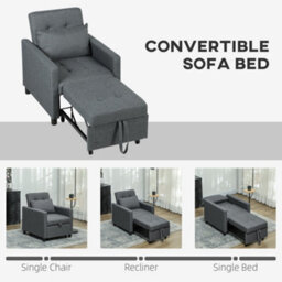 Homcom Convertible Single Chair Bed With Upholstered Fabric, Dark Grey - thumbnail 4
