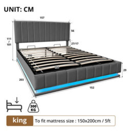 Matteo King Size Ottoman Bed Frame With Rgb Led Lighting, Hydraulic Storage & Adjustable Grey Faux Leather Headboard - thumbnail 9