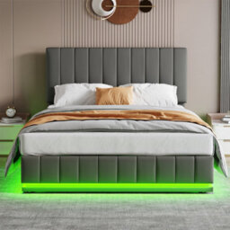 Matteo King Size Ottoman Bed Frame With Rgb Led Lighting, Hydraulic Storage & Adjustable Grey Faux Leather Headboard - thumbnail 4