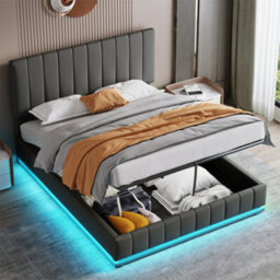Matteo King Size Ottoman Bed Frame With Rgb Led Lighting, Hydraulic Storage & Adjustable Grey Faux Leather Headboard - thumbnail 3