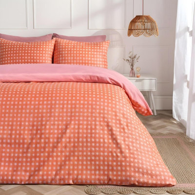 Ohs Gingham Embossed Bedding Set Waffle Duvet Cover With Pillowcase, Coral - King - image 1