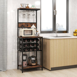 Costway Freestanding Wine Rack Floor Wine Bar Cabinet W/ Glass Racks-Brown