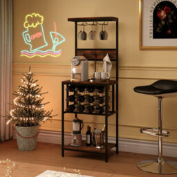 Costway Freestanding Wine Rack Floor Wine Bar Cabinet W/ Glass Racks-Brown - thumbnail 5