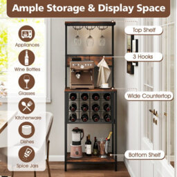 Costway Freestanding Wine Rack Floor Wine Bar Cabinet W/ Glass Racks-Brown - thumbnail 3