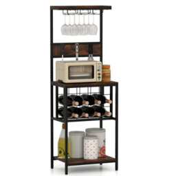 Costway Freestanding Wine Rack Floor Wine Bar Cabinet W/ Glass Racks-Brown - thumbnail 8