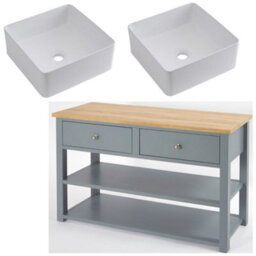 Homestylestore 1215mm Light Grey And Oak Bathroom Vanity Unit With Square Countertop Basins And Chrome Round Handles - thumbnail 1