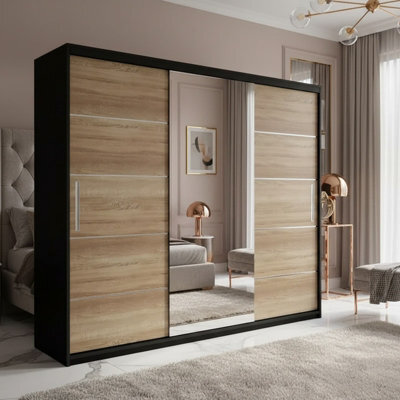 Astra 23 Modern Sliding Door Wardrobe Black Sonoma Bedroom Storage With Shelves And Hanging Rails Durable Laminated Finish - image 1