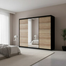 Astra 23 Modern Sliding Door Wardrobe Black Sonoma Bedroom Storage With Shelves And Hanging Rails Durable Laminated Finish - thumbnail 4