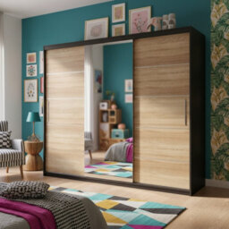 Astra 23 Modern Sliding Door Wardrobe Black Sonoma Bedroom Storage With Shelves And Hanging Rails Durable Laminated Finish - thumbnail 2