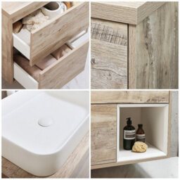 Homestylestore Light Oak 594mm Wall Hung Bathroom Vanity Unit Rectangular Chalk Countertop Basin Open Shelf - thumbnail 2