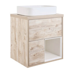 Homestylestore Light Oak 594mm Wall Hung Bathroom Vanity Unit Rectangular Chalk Countertop Basin Open Shelf