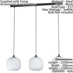 Stylish Black Pendant Ceiling Light With White Glass Shades - E27 3 Bulb Fixture - thumbnail 2