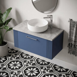 Balterley Belvide Partial Fluted 1 Drawer Wall Hung Vanity Unit With Bellato Grey Laminate Worktop - 800mm - Satin Blue - thumbnail 3