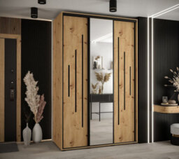 Arte Rustic Oak Artisan Mirrored Cannes Xiii Sliding Wardrobe H2050mm W1500mm D600mm - Custom Black Steel Handles And Decorative Strips - thumbnail 2