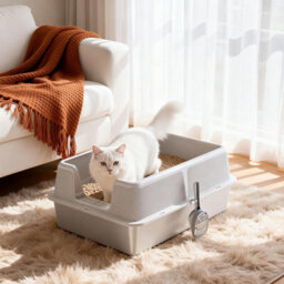 London Boutique Stainless Steel Cat Litter Box High Sides Extra Large Litter Tray With Scoop, Open Top Anti-Splashing White - thumbnail 4