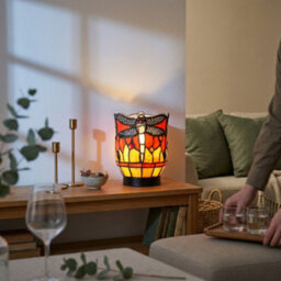 Happy Homewares Classic Dragonfly Tiffany Uplighter Lamp In Orange And Toned Amber - thumbnail 6