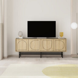 Decortie Modern Tv Stand & Cabinet With 4 Doors, Laser-Cut Design, Fits Up To 58-Inch Tvs, Soft-Close Metal Legs, Oak-Moss Green - thumbnail 7