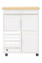 Orsina Durable White And Bamboo Top Kitchen Trolley, Multi Purpose Kitchen Storage, Double Door Serving Trolley