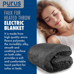 Purus Grey Heated Throw Electric Over Blanket Faux Fur Luxurious 160 X 130Cm Soft Fleece Blanket - thumbnail 5