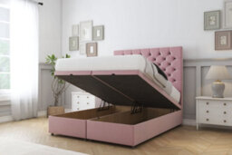 "Sloomy Mayfair Pink Plush Ottoman Bed Base With 26"" Strutted Headboard 4'6 Double" - thumbnail 2
