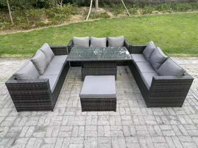 Fimous 10 Seater Rattan Garden Furniture Sofa Set Outdoor Adjustable Rising Lifting Dining Table Set With Big Footstool - image 1