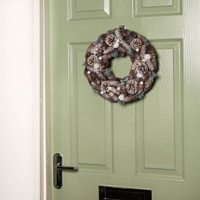 Samuel Alexander 36Cm Frosted Hanging Christmas Wreath With Pine Cones & Wooden Stars - image 1