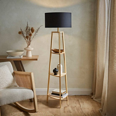 Valuelights Hiru Natural 3 Tier Shelf Floor Lamp With Black Drum Shade - image 1